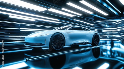 A futuristic car displayed in a high-tech environment with glowing lines.