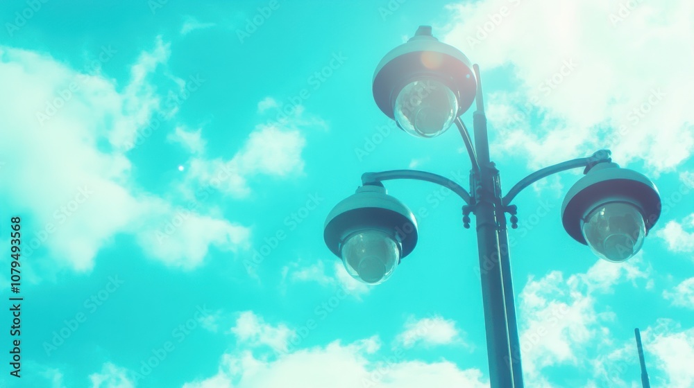Street lamp against a bright blue sky with clouds.