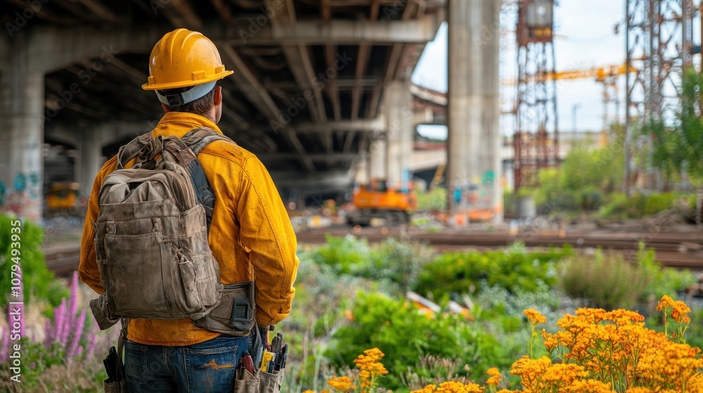 Construction worker in yellow jacket and hard hat stands under bridge looking at a construction site. Construction worker in yellow jacket and hard hat stands under bridge looking at a construction site.