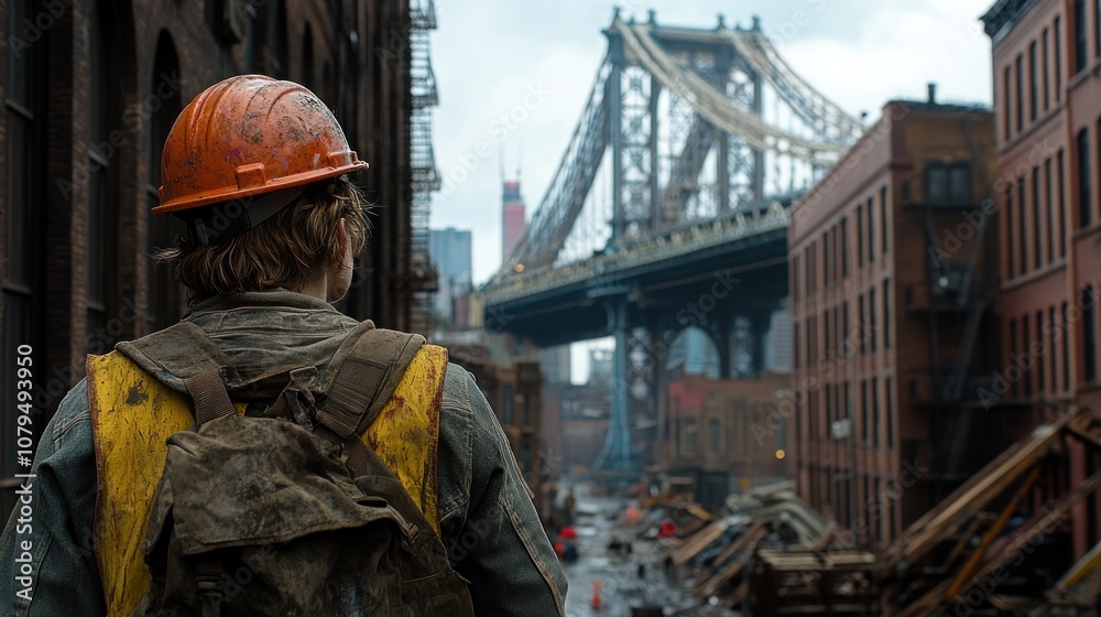 Construction worker looking at a bridge in New York City. Construction worker looking at a bridge in New York City.