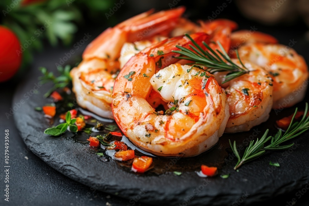 Close-up of grilled shrimp with herbs and spices on a black slate plate. Close-up of grilled shrimp with herbs and spices on a black slate plate.