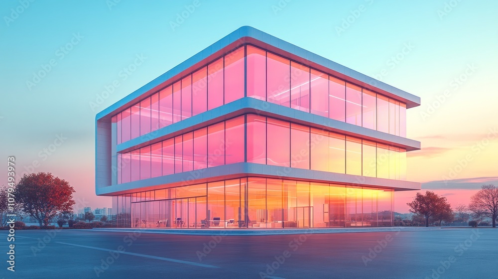 Modern glass building reflecting sunset colors in a serene environment. Modern glass building reflecting sunset colors in a serene environment.