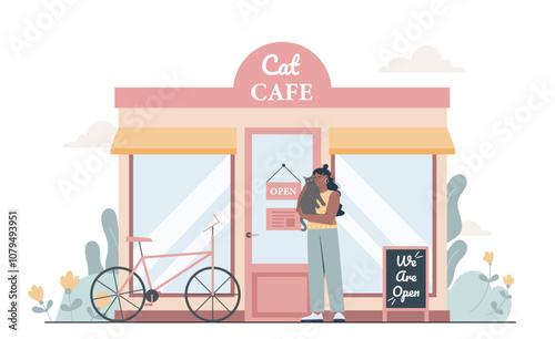 Cat cafe concept. Woman with kitten in her hands stands near cafe and catering. Comfort and coziness. Caring for domestics animals. Flat vector illustration isolated on white background