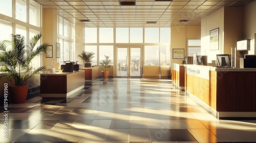 A bright, modern office reception area with large windows and wooden furniture.