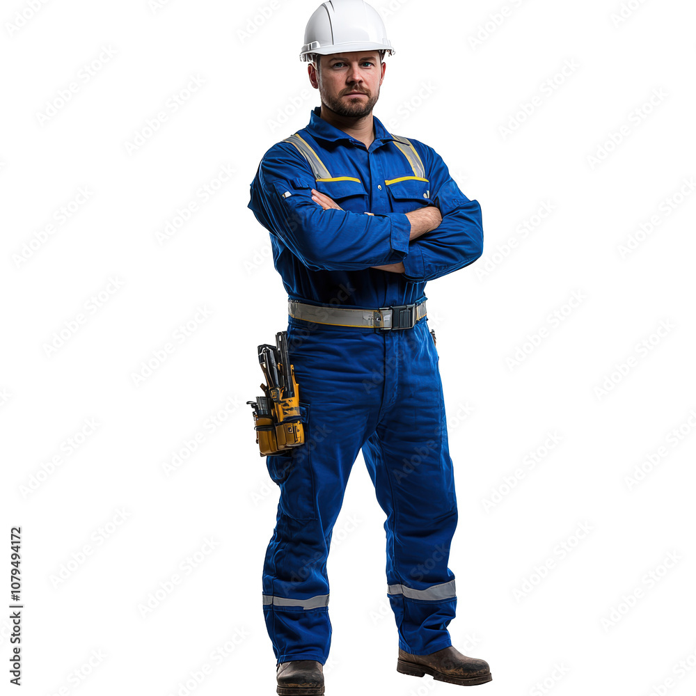 A confident male engineer, arms crossed, wearing blue workwear and a white safety helmet on a transparent background PNG A confident male engineer, arms crossed, wearing blue workwear and a white safety helmet on a transparent background PNG