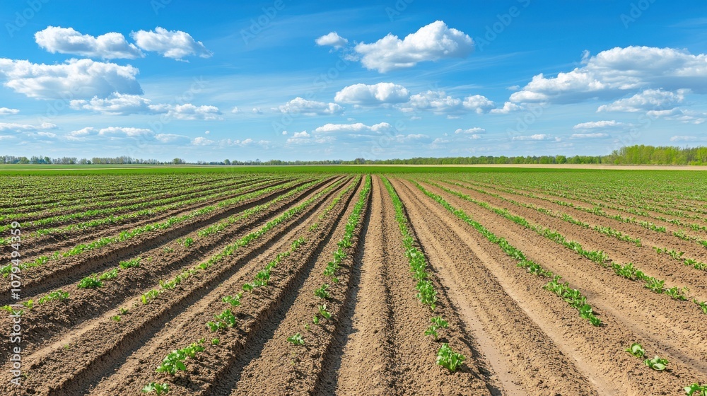 A lush agricultural field with neatly arranged rows of young plants under a blue sky. A lush agricultural field with neatly arranged rows of young plants under a blue sky.