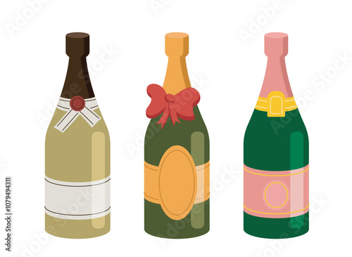 Set of champagne bottles. Luxury wine bottles. Menu of cafe or restaurant. Alcoholic drink and beverage. Gift and present for party. Flat vector collection isolated on white background