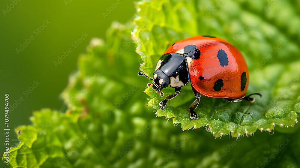 A Detailed Close-Up of a Ladybug on a Leaf, Showcasing the Vibrant Red Shell and Delicate Features of This Iconic Insect in Its Natural Habitat A Detailed Close-Up of a Ladybug on a Leaf, Showcasing the Vibrant Red Shell and Delicate Features of This Iconic Insect in Its Natural Habitat