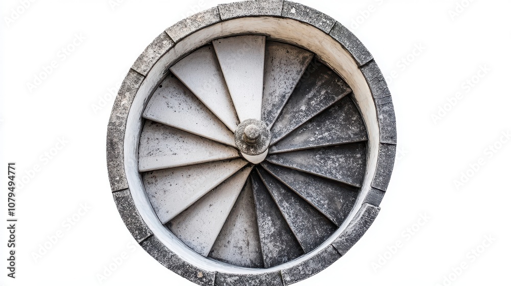 Stunning stone spiral staircase, intricate design, white isolated background