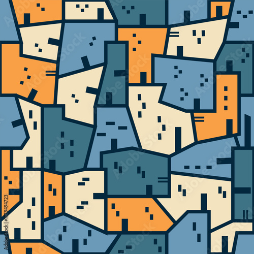 Pattern of figures of houses on abstract style with colors on orange, blue, soft yellow on a dark blue background