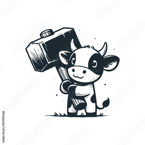 Cow holding a sledgehammer. Black white vector illustration.