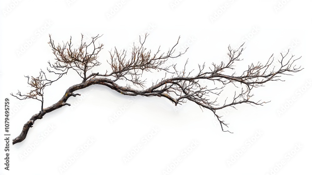 Unique dried branch with intricate twigs on a white isolated background.