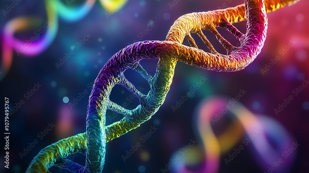 Fototapeta premium A colorful depiction of a DNA double helix, illustrating genetic structure and molecular biology concepts.