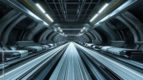 A futuristic tunnel with illuminated tracks and sleek design.