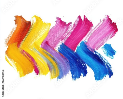 Vibrant, abstract brush strokes in a spectrum of colors on a white background.