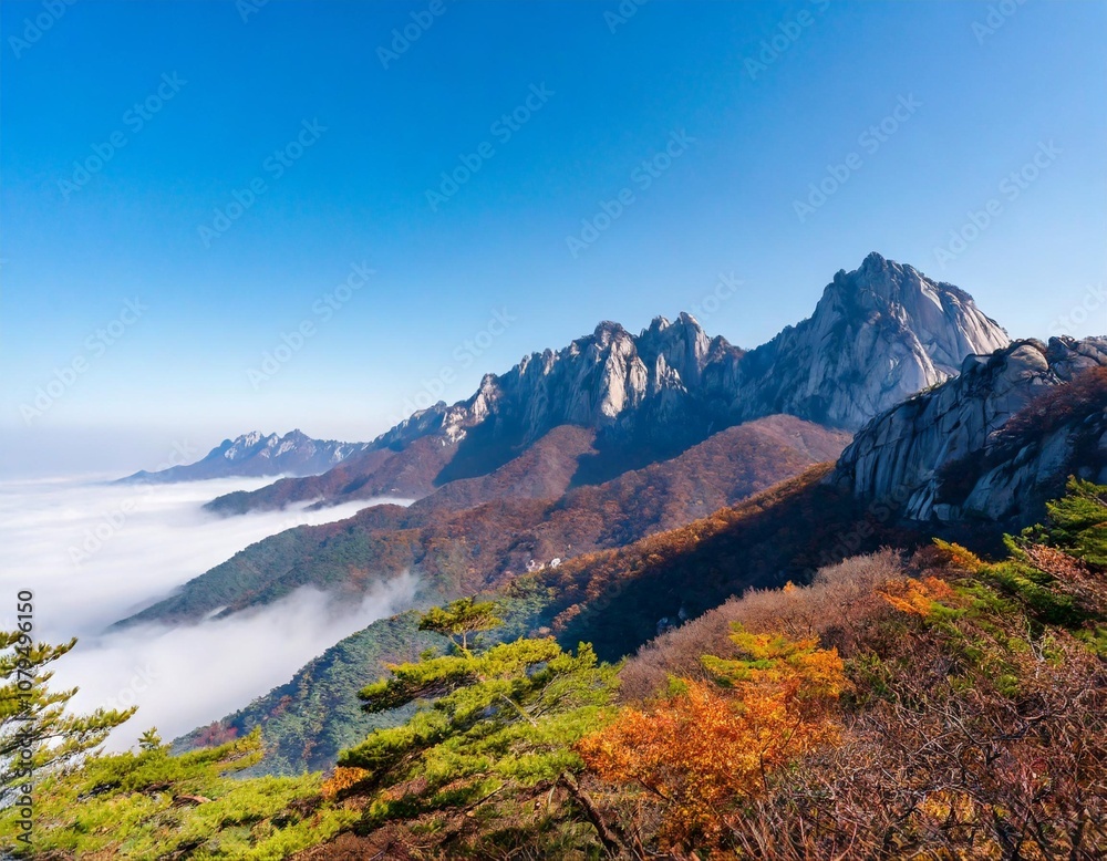 Fototapeta premium The Magnificent Seoraksan Mountain Peaks in South Korea, Rising Dramatically Above a Sea of Clouds, Surrounded by Autumn Foliage and Pine Trees in a Pristine National Park Setting