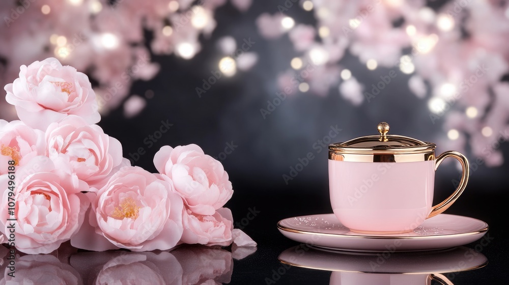 Fototapeta premium Elegant pink teacup and delicate roses with soft bokeh background