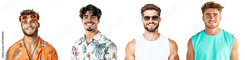 Fototapeta premium Portrait of smiling young man in beachwear set isolated Png, transparent without background.