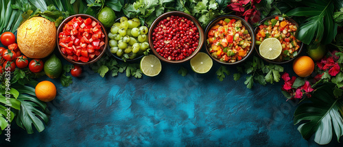 Wallpaper Mural Top view of assorted fresh fruits and vegetables with tropical leaves and space for text Torontodigital.ca