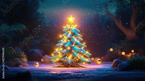 Enchanting christmas tree with twinkling lights in winter wonderland scene