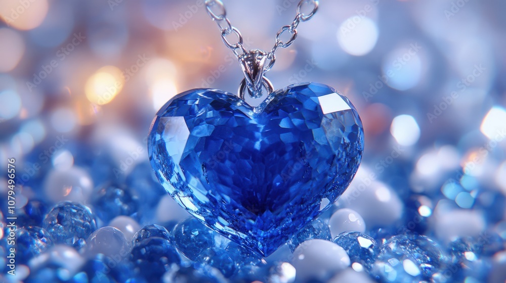 A sparkling blue heart pendant on a silver chain, resting on a bed of blue and white crystals. A sparkling blue heart pendant on a silver chain, resting on a bed of blue and white crystals.