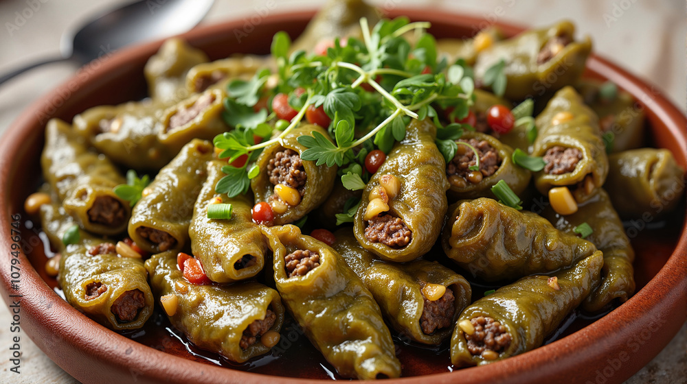 Fototapeta premium Stuffed grape leaves in terracotta dish with herbs