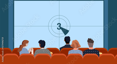People in cinema. Men and women sit on red chairs and watch film at large display. Cultural rest and leisure. Audience watching movie. Fun and entertainment. Flat vector illustration