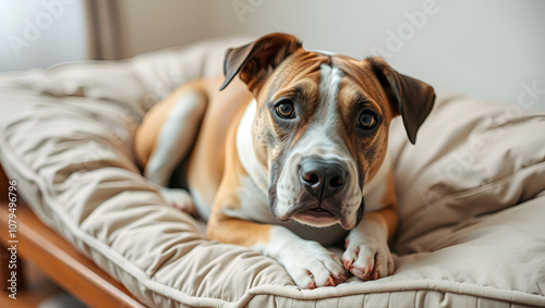 dog with muddy snout on a soft, quilted daybed photo