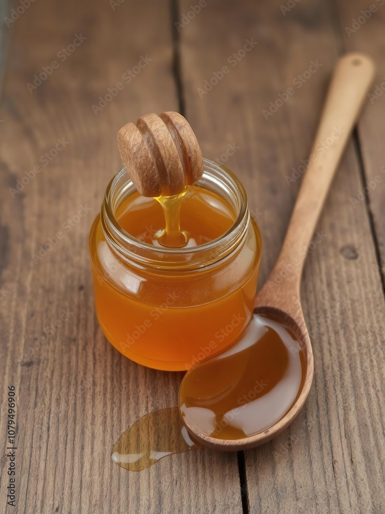 Fresh honey with honeycomb and a rustic wooden spoon on a wooden background, rustic, honey, ingredient Fresh honey with honeycomb and a rustic wooden spoon on a wooden background, rustic, honey, ingredient