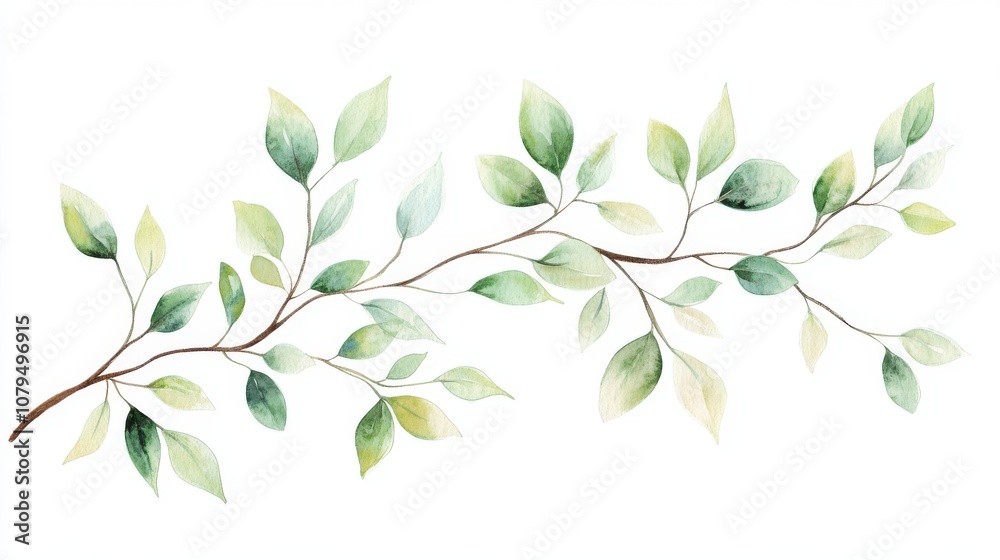 Fototapeta premium Watercolor illustration of a delicate green leaf branch on a white background.