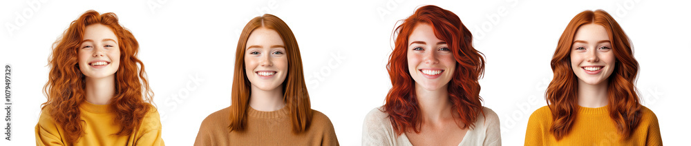 Portrait of smiling young woman with red hair set isolated Png, transparent without background. Portrait of smiling young woman with red hair set isolated Png, transparent without background.