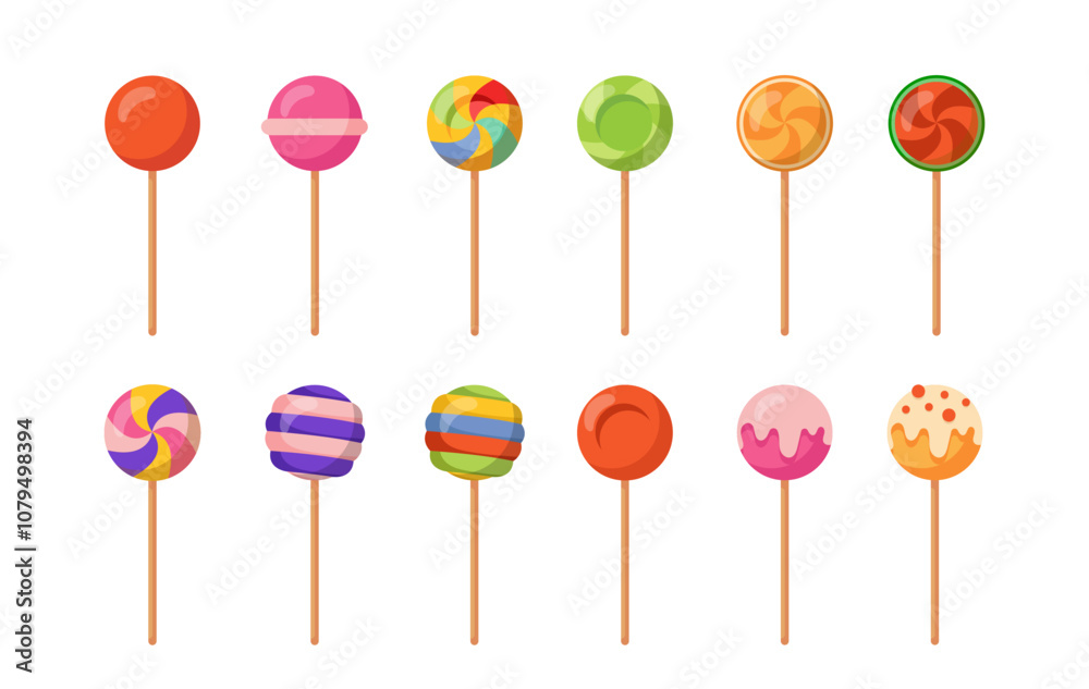 Collection of lollipops. Sweets and candies on white plastic sticks. Fruit dessert and delicacy. Colorful caramel. Sweet eating. Flat vector set isolated on white background Collection of lollipops. Sweets and candies on white plastic sticks. Fruit dessert and delicacy. Colorful caramel. Sweet eating. Flat vector set isolated on white background
