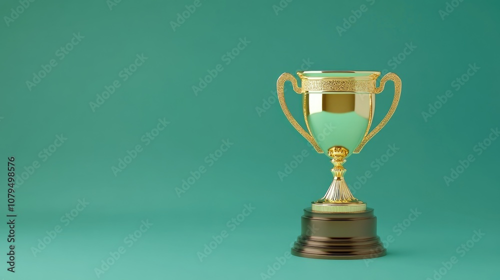 Gold trophy icon symbolizing Fortuna on a Tidewater Green background 3D rendered social media graphic Gold trophy icon symbolizing Fortuna on a Tidewater Green background 3D rendered social media graphic