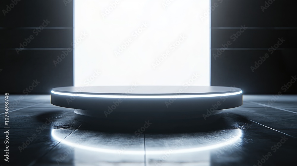 Futuristic Pedestal Display Stand for Products White Neon Illumination 3D Rendered Image Blurred Reflections on the Surface Ideal for Product Presentation Futuristic Pedestal Display Stand for Products White Neon Illumination 3D Rendered Image Blurred Reflections on the Surface Ideal for Product Presentation