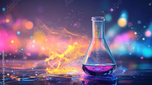 Colorful liquid in a laboratory flask representing scientific concepts in a dynamic background