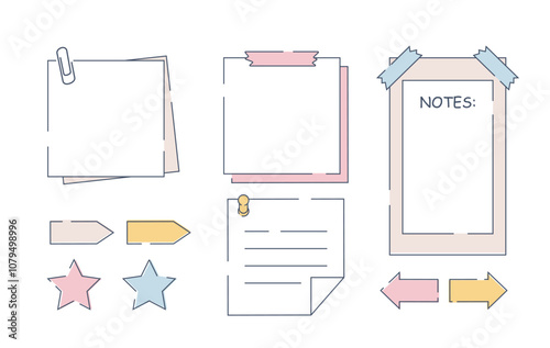 Collection of paper notes. Memo and to do list. Notepad page and blank paper sheet. Sticky stars and arrows. School and office supply. Linear vector set isolated on white background