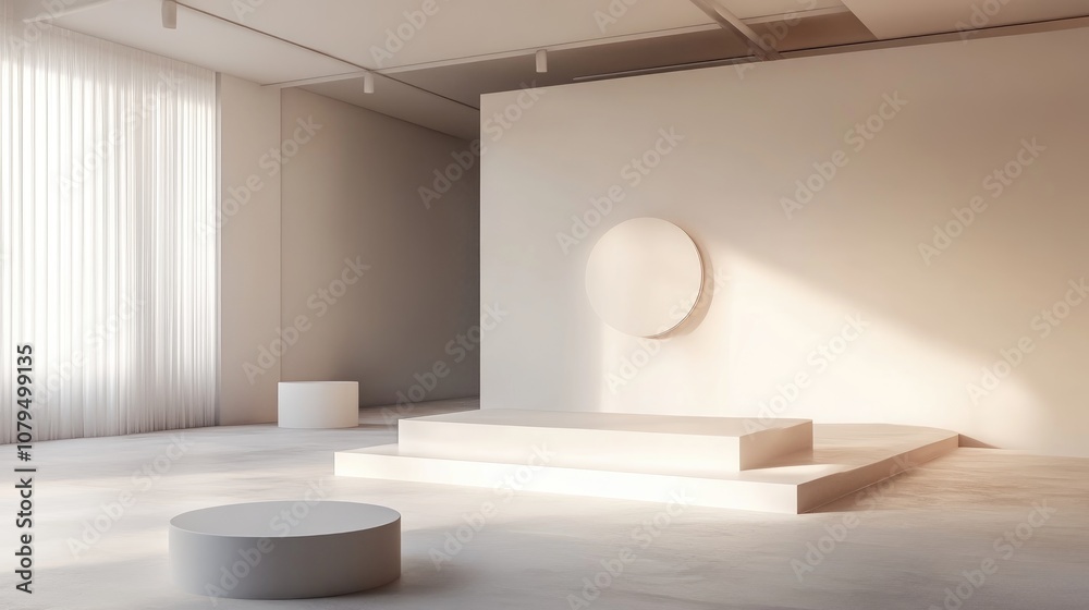 3D rendering of a studio featuring geometric shapes and pedestals on the floor serving as a platform for abstract product presentation in a minimalistic design 3D rendering of a studio featuring geometric shapes and pedestals on the floor serving as a platform for abstract product presentation in a minimalistic design