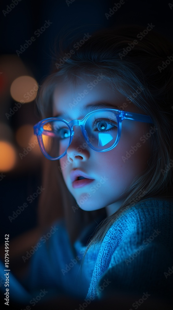 Young Girl with Blue Light Blocking Glasses Looking at a Screen in the Dark, Eye Care and Blue Light Protection Young Girl with Blue Light Blocking Glasses Looking at a Screen in the Dark, Eye Care and Blue Light Protection