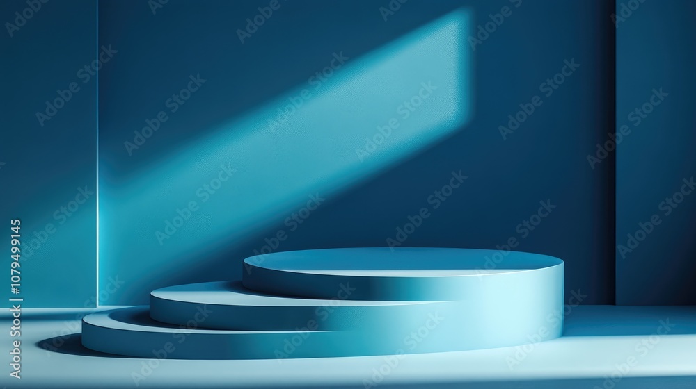 3D blue display podiums with two stairs for product advertising set against a two tone blue background 3D rendering and illustration 3D blue display podiums with two stairs for product advertising set against a two tone blue background 3D rendering and illustration