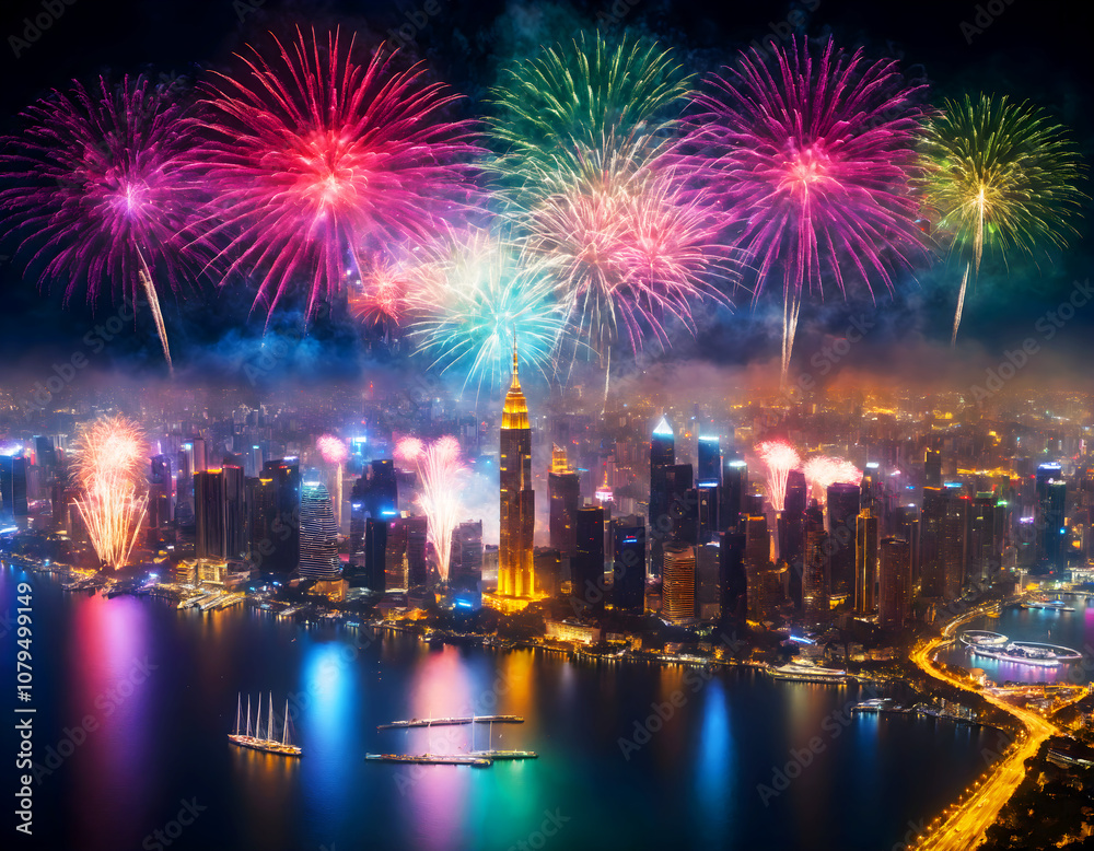Obraz premium A vibrant aerial view of a bustling city skyline illuminated by a dazzling fireworks display.