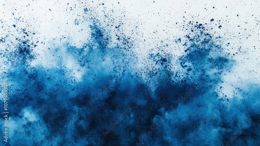 Abstract blue powder explosion against a white background, creating a dynamic visual effect.