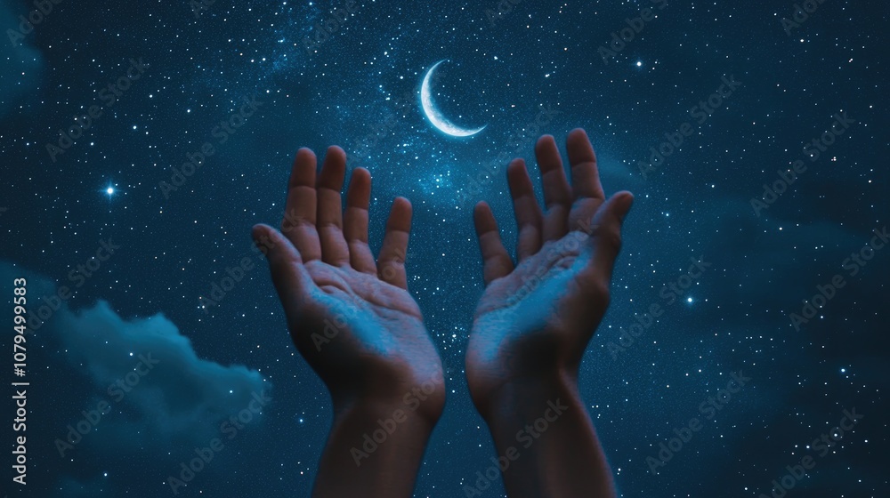 Two hands are open and spread out under a starry night sky with a bright crescent moon shining gently on their palms Two hands are open and spread out under a starry night sky with a bright crescent moon shining gently on their palms