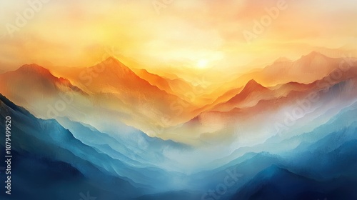 Sunlit mountains shrouded in fog create blurred misty waves with warm colors as bright sunlight illuminates a festive sky in orange hues and abstract evening flares on clouds