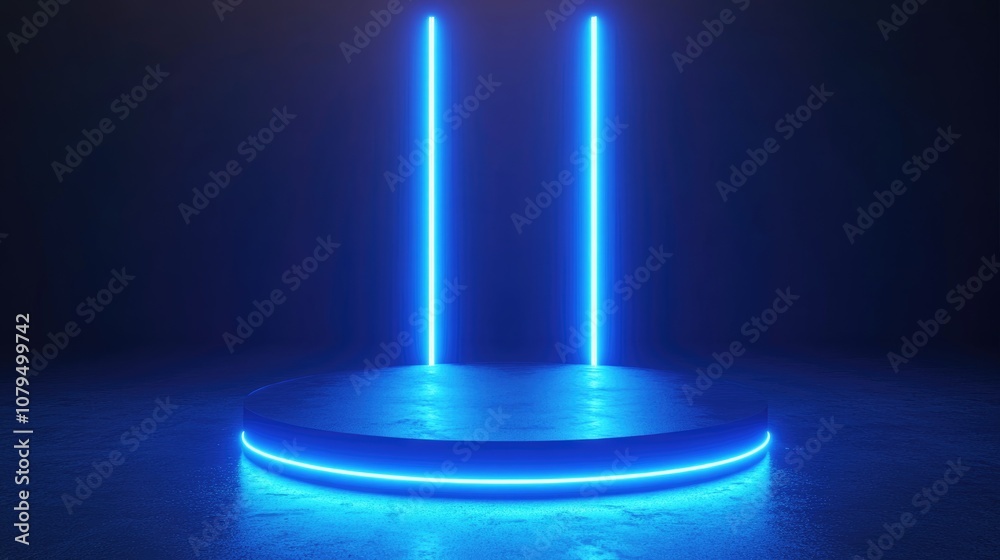 3D render of a cylinder podium illuminated by blue neon lights against a dark backdrop Podium designed for showcasing technology products Empty dark space features neon light displays with blank b 3D render of a cylinder podium illuminated by blue neon lights against a dark backdrop Podium designed for showcasing technology products Empty dark space features neon light displays with blank b