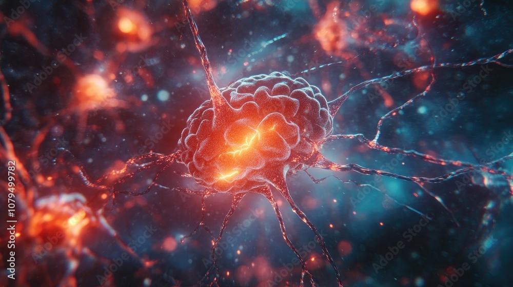Human brain cell with dendrites active neurons and interconnected electrical pulses within the neural system representing brain activity and the concept of studying and learning in science Human brain cell with dendrites active neurons and interconnected electrical pulses within the neural system representing brain activity and the concept of studying and learning in science