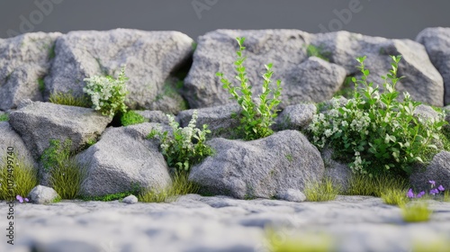 Lush Greenery Growing Among Weathered Rocks Featuring Wildflowers and Foliage in a Natural Landscape Setting for Outdoor and Nature-Themed Projects