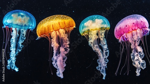 Vibrant small jellyfish also known as medusa showcasing an array of colors