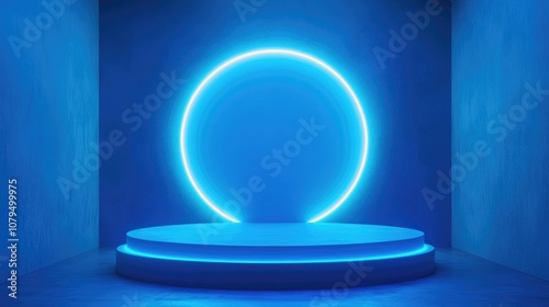 Minimalist studio backdrop featuring a 3D blue illuminated podium Abstract geometric shape illustration render Suitable for showcasing technology and medical products as well as summer themed item