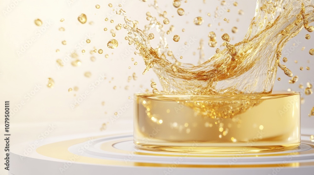Product display stand with gold water splashes in the background 3D rendering Product display stand with gold water splashes in the background 3D rendering