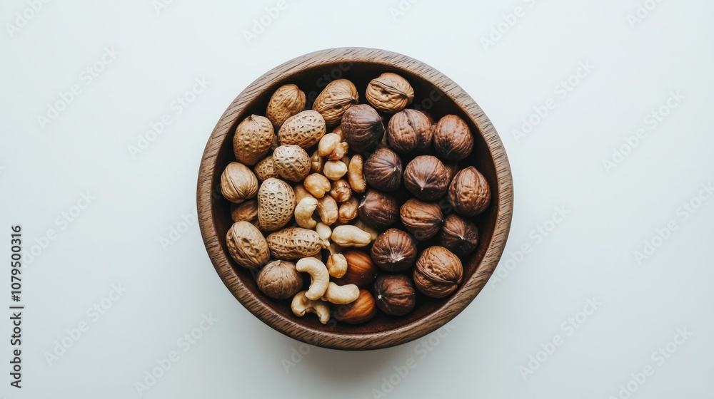 A wooden bowl filled with a variety of nuts, showcasing their natural textures and colors. A wooden bowl filled with a variety of nuts, showcasing their natural textures and colors.